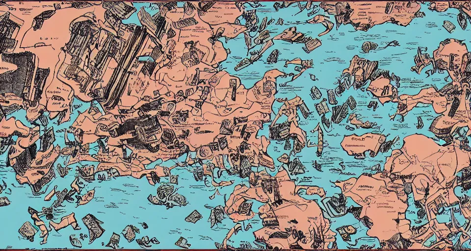 Prompt: moebius illustration of a map. map of a continent. a junkyard planet with a small settlement. maps showing a continent. detailed fantasy art, illustrated map.