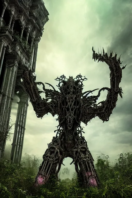 Image similar to post - gothic giant banshee, exoskeleton armor screaming, dystopian ruins covered in vegetation, highly detailed smooth digital art masterpiece, vitaly bulgarov giger dramatic pink light, ground angle hd 8 k, sharp focus