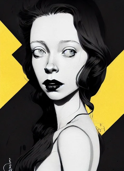 Image similar to highly detailed closeup portrait of beautiful portia doubleday, blonde wavy hair, angela moss, black suit by atey ghailan, by greg rutkowski, by greg tocchini, by james gilleard, by joe fenton, by kaethe butcher, gradient yellow, black and white color scheme, grunge aesthetic!!! ( ( graffiti tag wall background ) )