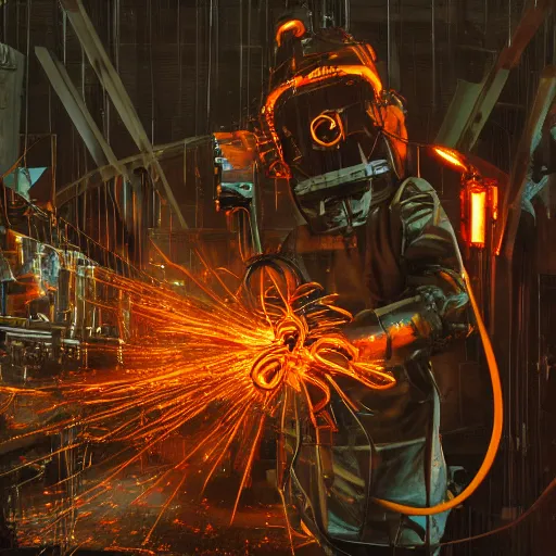 Image similar to oversized mokey wrench, tangles of metallic cables, dark messy smoke - filled cluttered workshop, dark, dramatic lighting, orange tint, sparks, plasma charges, cinematic, highly detailed, sci - fi, futuristic, movie still