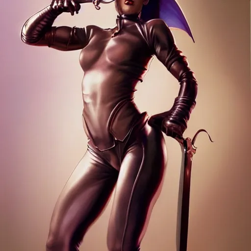 Prompt: a nice looking girl with beautiful forms and skin-tight leather leggings jumping to fight a dragon with her sword, in style by hajime sorayama and boris vallejo, trending on artstation, 4K