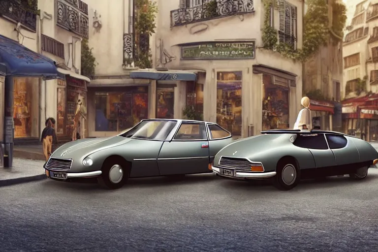 Image similar to a wholesome animation key shot of!! one!! focused!! 1 9 7 4 citroen ds!! in a paris street, medium shot, studio ghibli, ( pixar ) and disney animation, sharp, very detailed, high resolution, rendered in unreal engine 5, anime key art by greg rutkowski, bloom, dramatic lighting