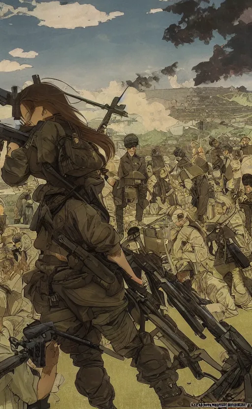 Image similar to manga, modern warfare, panoramic view of a girl under artillery fire, trench and sandbags in background, soldier clothing, long hair, hair down, symmetrical facial feature, from arknights, wallpaper, trending pixiv, safebooru, volumetric lighting, by alphonse mucha, greg rutkowski, sharp focus, backlit