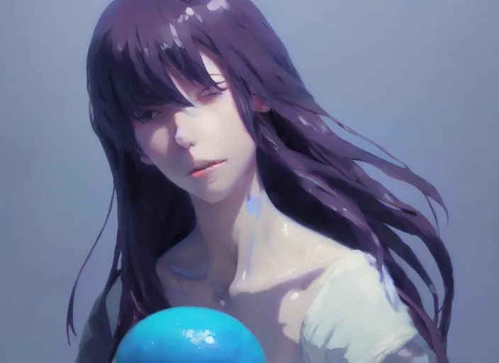 Image similar to a woman made out of blue slime, semi transluscent, perfect art, trending on pixiv, painted by greg rutkowski makoto shinkai takashi takeuchi, akihiko yoshida