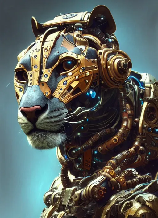 Prompt: portrait of a panther, robot steampunk, floral! horizon zero dawn machine, intricate, elegant, highly detailed, ray tracing, digital painting, artstation, concept art, smooth, sharp focus, illustration, art by artgerm and greg rutkowski and alphonse mucha, 8 k