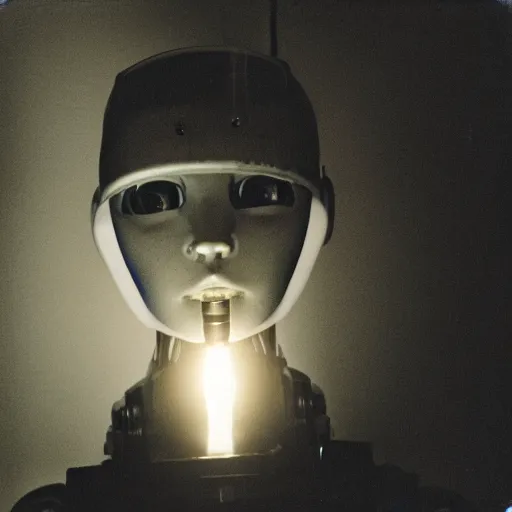 Prompt: close up portrait of a humanoid robot with a light bulb head and light is coming out of it, polaroid, photo taken in a back storage room