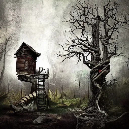 Image similar to tree house, post - apocalyptic, dark fantasy, liminal space, dark paradise, digital art