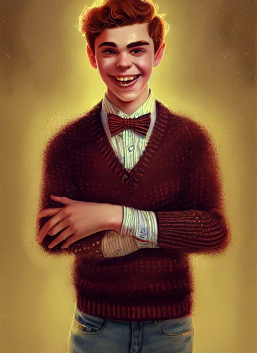 Image similar to portrait of teenage archie andrews, freckles, curly middle part haircut, curly hair, middle part hairstyle, smiling kindly, wearing a bowtie and sweater vest, intricate, elegant, glowing lights, highly detailed, digital painting, artstation, concept art, smooth, sharp focus, illustration, art by wlop, mars ravelo and greg rutkowski