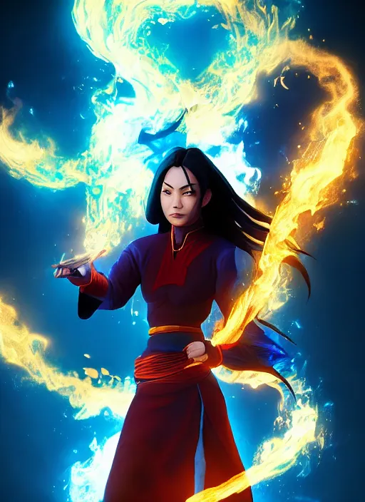 Image similar to azula from avatar the last airbender posing, blue flames, firebending, dark atmosphere, cinematic shot, intricate, ornate, photorealistic, ultra detailed, realistic, 1 0 0 mm, photography, octane, high definition, depth of field, realism, 8 k, artstation