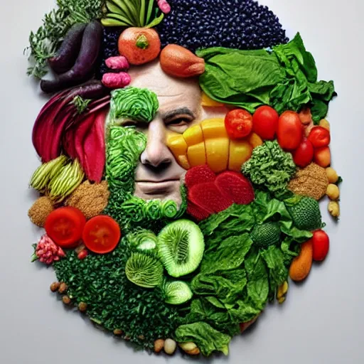 Prompt: portrait of benjamin netanyahu made of fruits vegetables and flowers