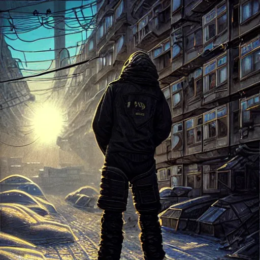 Image similar to A photo of cyberpunk gopnik on the street of a Soviet slum on the Moon, blinding sun, Norilsk, sci-fi, fantasy, intricate, very very beautiful, by Evgeny Zubvkov, elegant, highly detailed, digital painting, artstation, concept art, smooth, sharp focus, illustration, art by artgerm and greg rutkowski and alphonse mucha