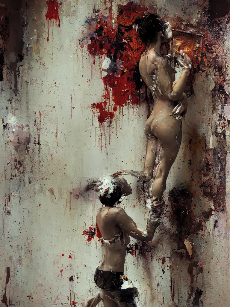 Image similar to a beautiful painting by robert proch and christian hook of a woman taking a shower in a glitched bathroom, metal rust and plaster materials, pixel sorting, color bleeding, brushstrokes by jeremy mann