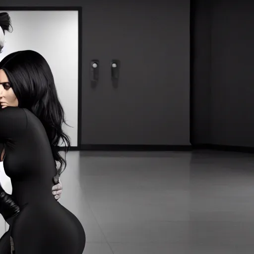 Prompt: johnny cash hugging kim kardashian, centered full body shot, full pov, kim wearing a skintight nurse outfit, real photo, photoshooting, studio light, hospital background, intricate, epic lighting, cinematic composition, hyper realistic, 8k resolution, unreal engine 5