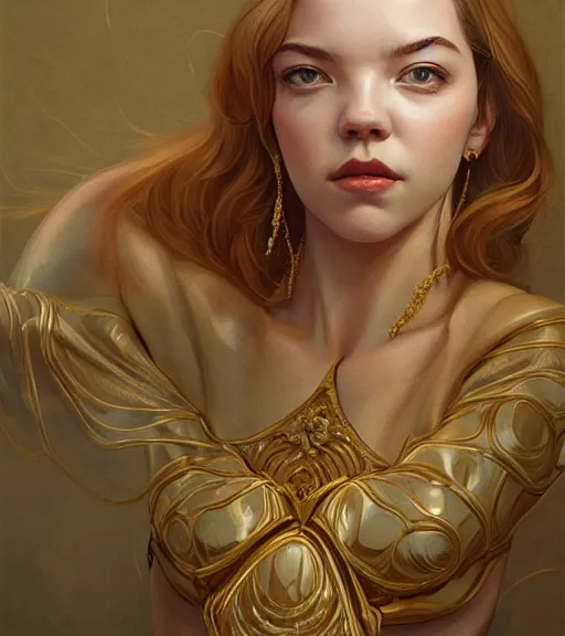 Image similar to Anya Taylor-Joy wearing gold, highly detailed, centered, digital painting, artstation, concept art, smooth, sharp focus, illustration, art by artgerm and donato giancola and Joseph Christian Leyendecker, Ross Tran, WLOP