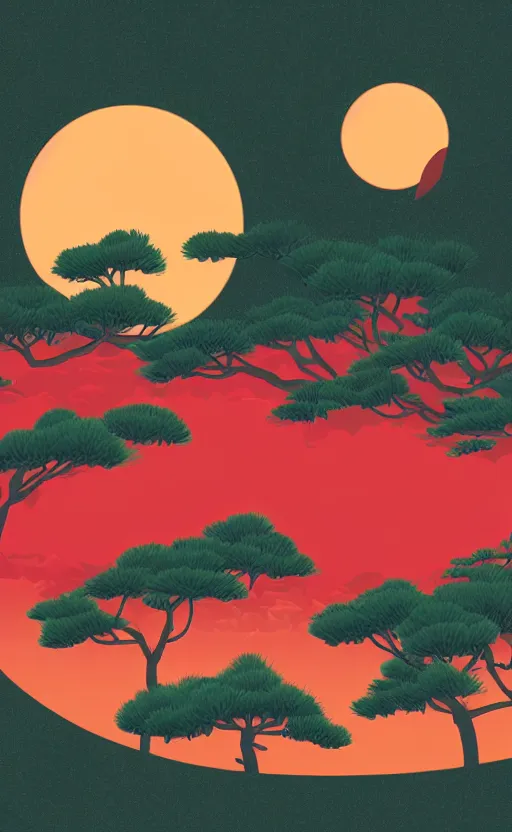 Image similar to hanafuda, a bunch of japanese pines to the left side, a big red sun in the background, front game card, vector line art, trending on behance, concept art, stunning, matte