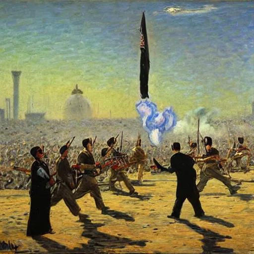 Image similar to George H.W. Bush destroys Iraq, oil on canvas, 1893
