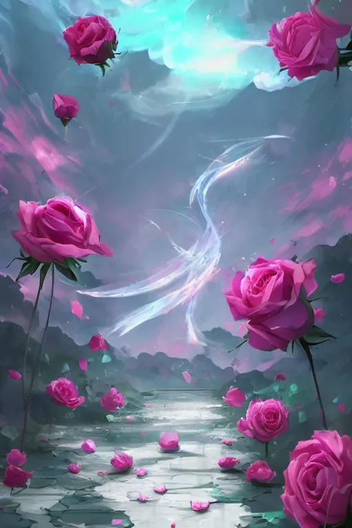 Prompt: background concept art magic invisible blades slicing through a bouquet of white and pink roses, flowers exploding and spraying, big puffy clouds, large rose petals, lotus petals, large polygonal background elements, large polygons, dramatic anime, dramatic lighting, artgerm, manga, trending on artstation, marco bucci, mature colors