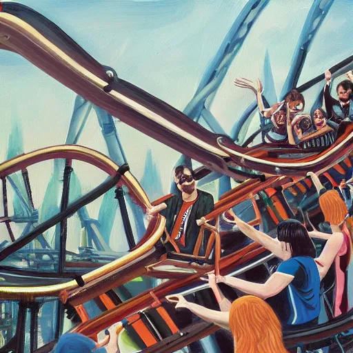 Image similar to the ramones having fun on a rollercoaster, hyper detailed, 8 k, oil painting, rule of thirds