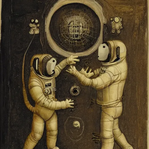 Prompt: astronaut and space monkey, opening door that shows space and time, by davinci