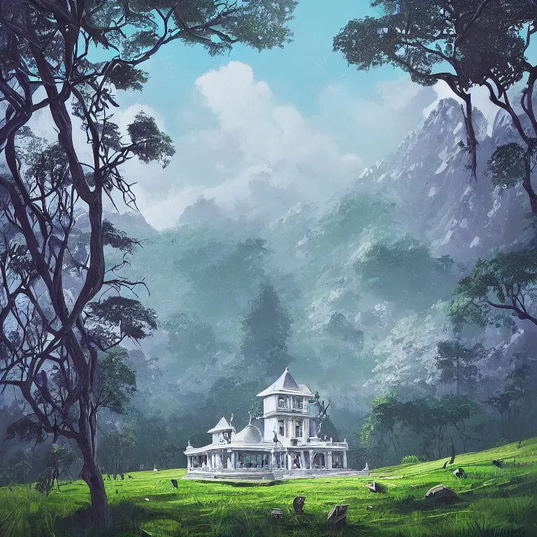 Prompt: a beautiful painting of a surreal white castle surrounded by exotic trees on a tall mountain by alena aenami