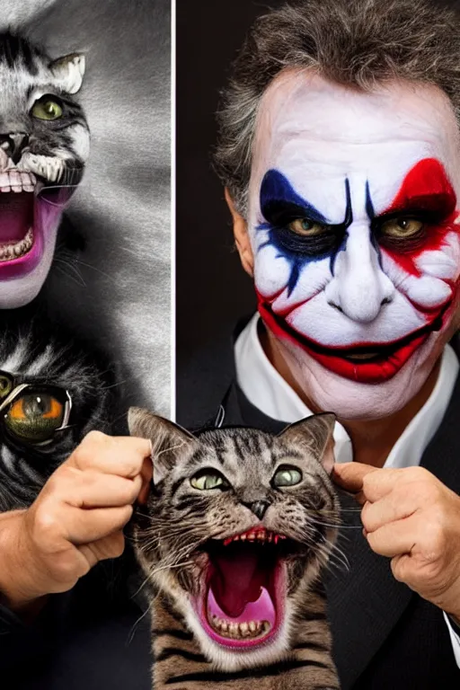 Image similar to Mauricio Macri with an angry cat in his hand in Elaborate Joker Makeup and prosthetics designed by Rick Baker, Hyperreal, Head Shots Photographed in the Style of Annie Leibovitz, Studio Lighting