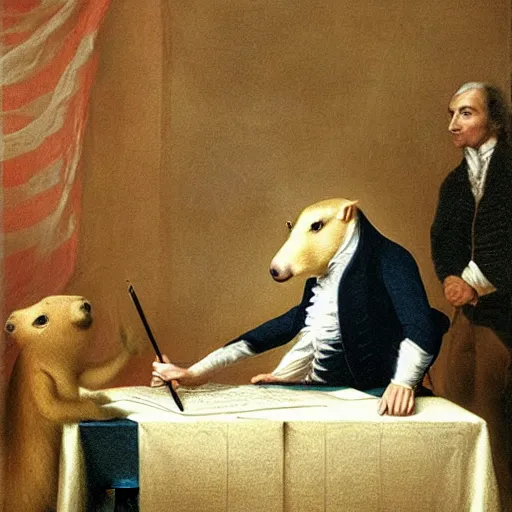 Prompt: “capybara signing the Declaration of Independence, hd”