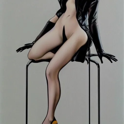 Prompt: artstation a woman seductively posing on a stool, by Hajime Sorayama, very detailed