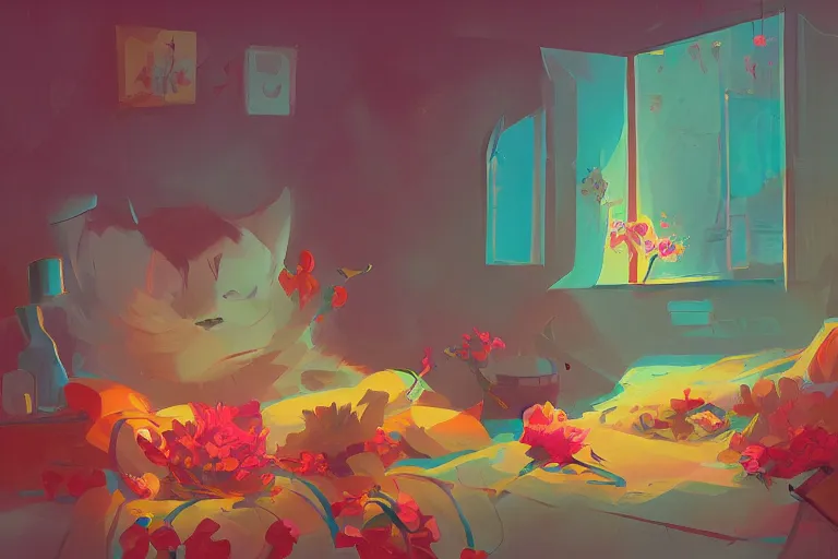 Image similar to a cat is sleeping in the room with flowers around in the afternoon, the sun shines in, by anton fadeev