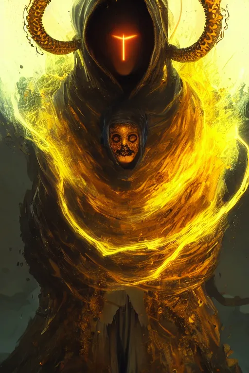 Image similar to A full body portrait of a mysterious character with an eye for a face with a very long hooded yellow cloak, a golden crown floating above his head tentacles coming out the ground art by Maciej Kuciara and Jason Chan, ominous, cosmic horror, trending on artstation, Ultra detailed, hyper realistic 4k