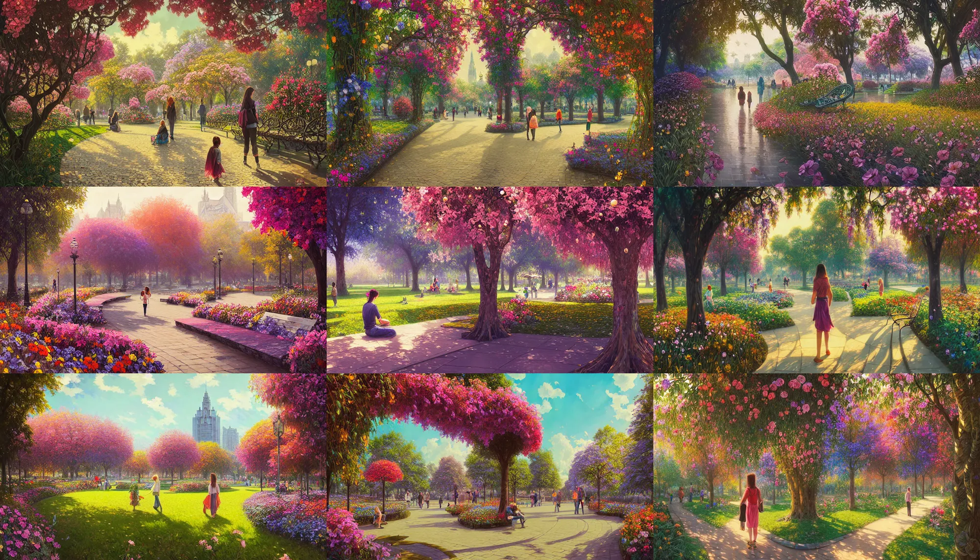 Prompt: city park with flowers, path traced, highly detailed, high quality, digital painting, alena aenami, lilia alvarado, shinji aramaki, karol bak, alphonse mucha, tom bagshaw