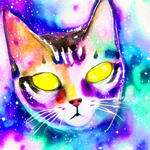 Prompt: Galaxy cat watercolor painting