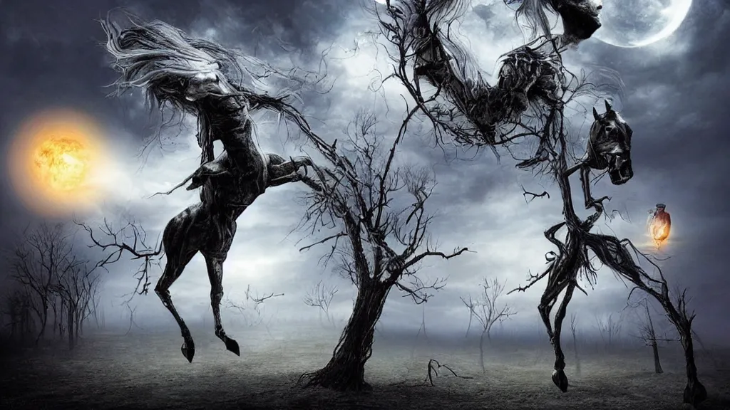 Prompt: headless horseman surrealist art in the styles of igor morski, jim warren, and a tim burton film, intricate, hyperrealistic, volumetric lighting