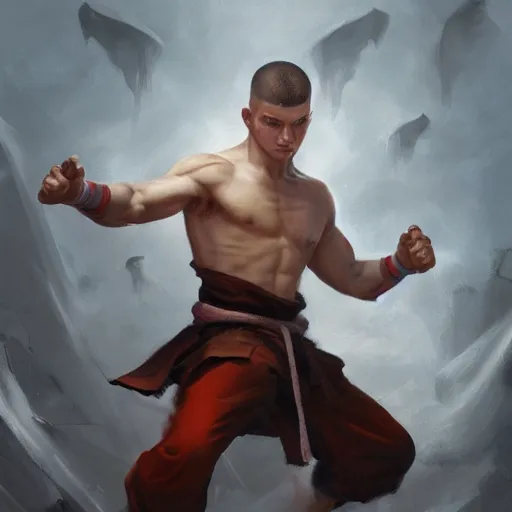 Image similar to A detailed matte oil on canvas painting of a young white male martial artist monk, orchid arm tattoos, fight stance by greg rutkowski and Charlie bowater, trending on artstationhd, dungeons and dragons art