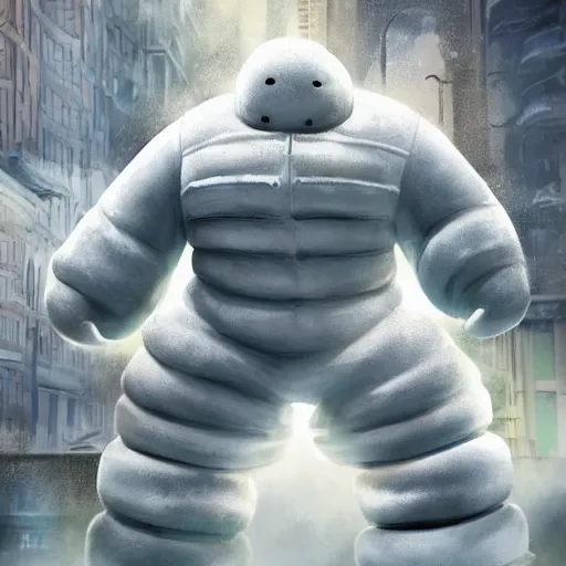 Prompt: the michelin man crushing buildings beneath his feet, destroying a city, digital art, photorealistic