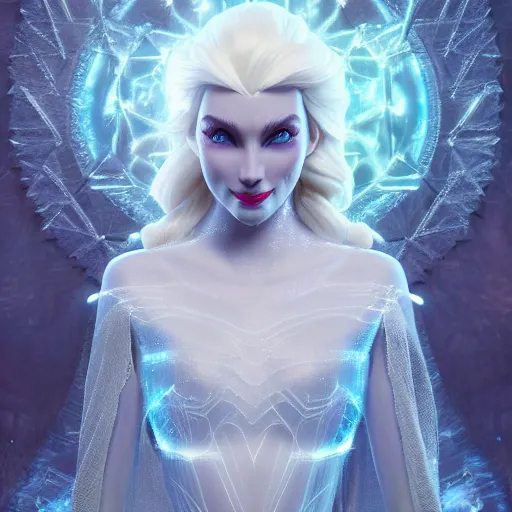 Image similar to elsa as an evil demonic witch, intricate artwork by tooth wu and wlop and beeple. octane render, trending on artstation, greg rutkowski very coherent symmetrical artwork. cinematic, hyper realism, high detail, octane render