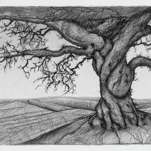 Prompt: oak tree on a grasslands hill, logo, pencil drawing, black and white, sharp lines, detailed, by albrecht durer