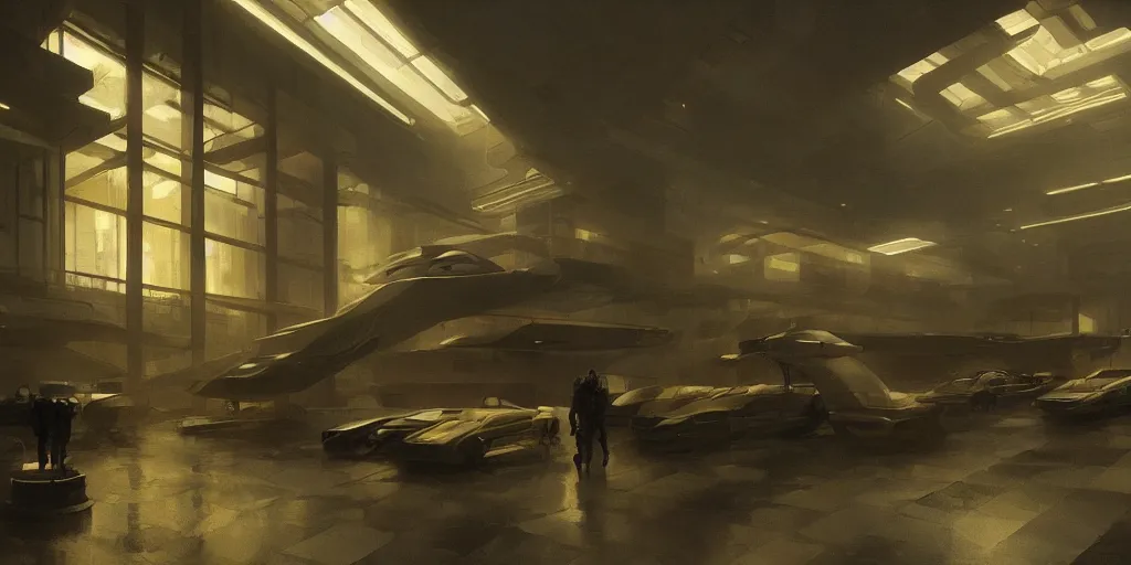 Image similar to a futuristic luxury high tech police station interior, painting by craig mullins, interior design, octane rendering, warm moody lighting, wide angle lens, low view, in the style of blade runner