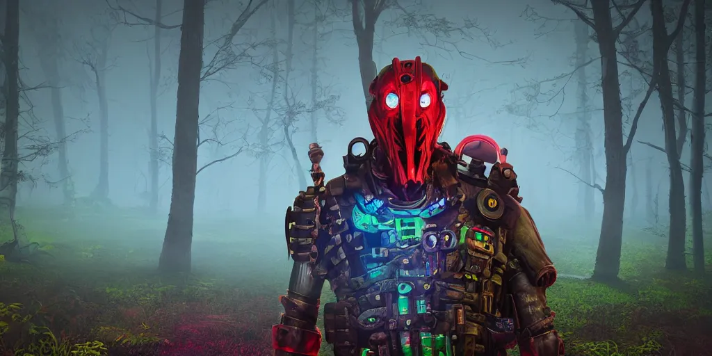 Prompt: inside of strange misty swamp landscape a gamekeeper wearing a steampunk and neonpunk mechanical fluorescent mystical animal mask and red hood. in style of fornite game. night fog,, beautiful render, octane render