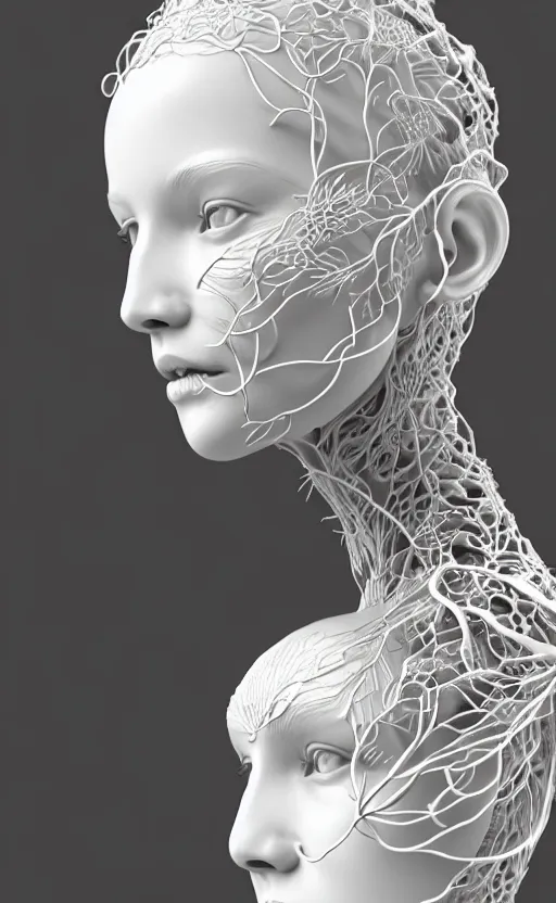 Prompt: complex 3d render ultra detailed of a beautiful porcelain profile woman face, hazel eyes, vegetal dragon cyborg, 150 mm, beautiful natural soft light, rim light, silver platinum details, magnolia big white infrared leaves and stems, roots, fine lace, maze like, mandelbot fractal, anatomical, facial muscles, cable wires, microchip, elegant, white metallic armor, octane render, black and white, H.R. Giger style