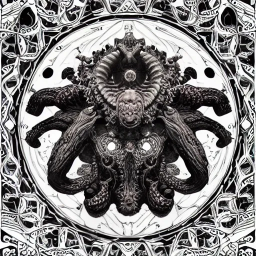 Image similar to 4K headshot of godlike Shub-Niggurath with defined arms and open hands and bloody clothes with giant mandala wings , intricate face , flawless anime cel animation by Kentaro Miura, psychedelic , highly detailed upper body , professionally post-processed , beautiful, scary, symmetry accurate features, epic, octane rendered, anime masterpiece, accurate