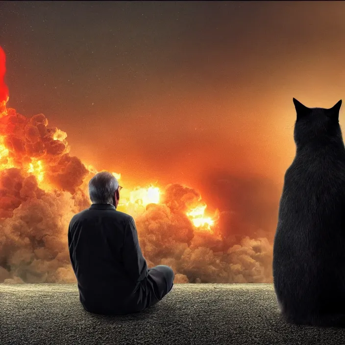 Image similar to cinematic movie close up shot, background blur bokeh, old man sitting with black cat watching nuke explosion close up!, world ending nuke, 4 k