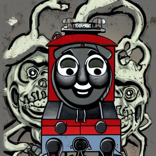 Image similar to creepy thomas the tank engine in zombie inspired art