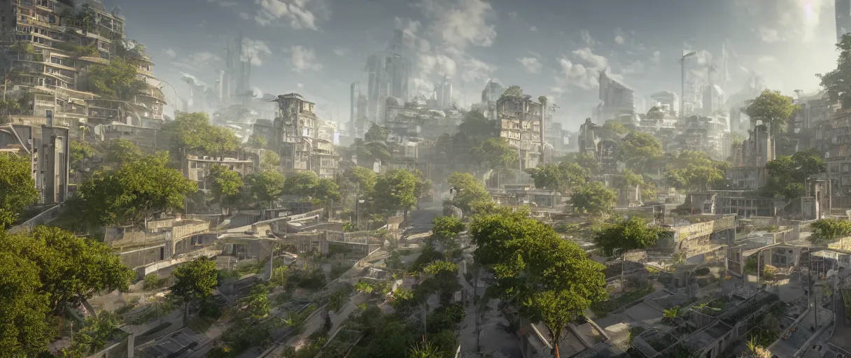 Image similar to a wide shot of a solarpunk city, with houses, pavements, bridges, trees, plants, beautiful, stunning, serene, volumetric light, volumetric clouds, photography, color, intricate, extremely detailed, photorealistic, unreal engine 5