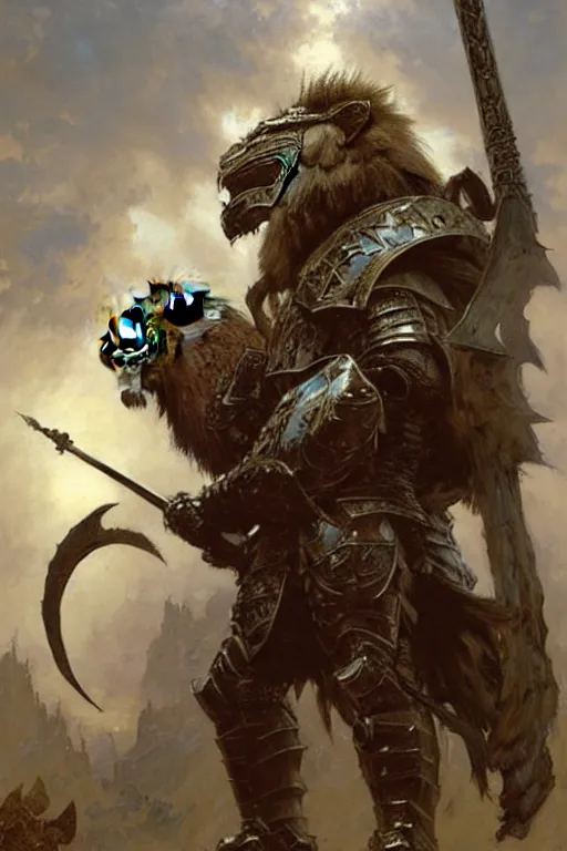 Prompt: giant hulking heavily armoured fantasy warrior with a lion head hood with a backpack full of swords and axes, portrait dnd, painting by gaston bussiere, craig mullins, greg rutkowski, yoji shinkawa