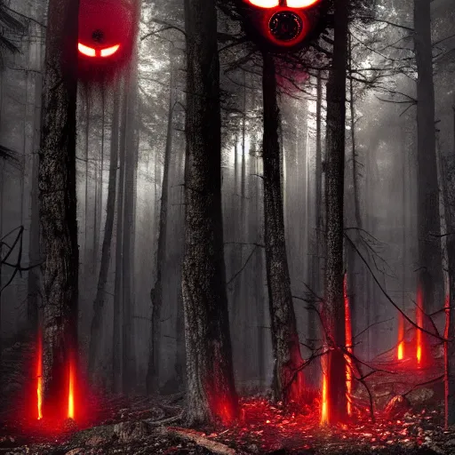 Prompt: An octane render of many pairs of red glowing eyes in a dark forest, extremely detailed, scary, horror, suspense, Unreal engine, 8k render, cinematic, dark, dreary