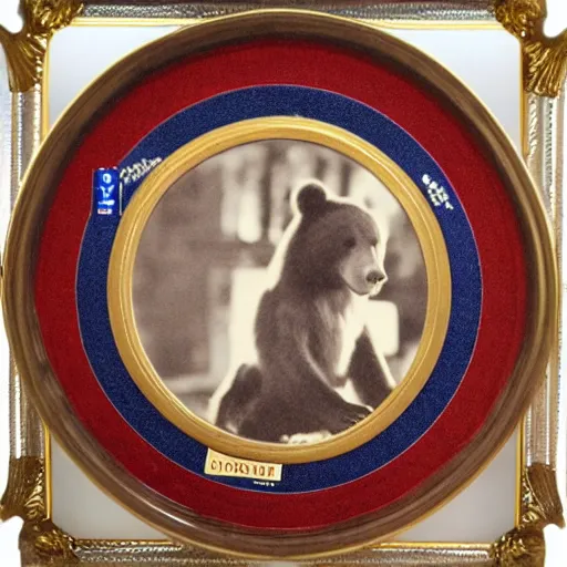 Image similar to a photo in a circular ornate golden frame, of a brown and red college mascot bear wearing blue jeans sitting on the bleachers inside the gym,