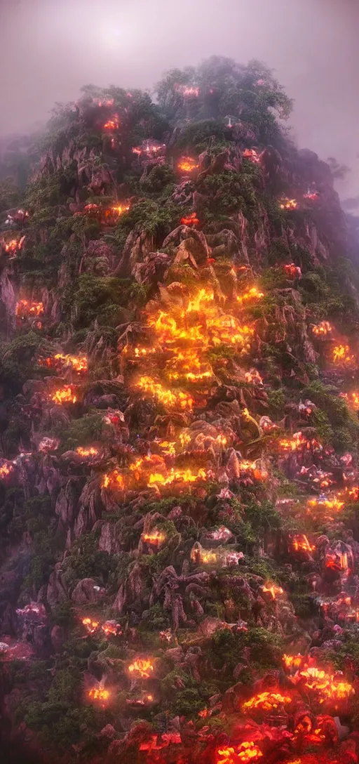 Image similar to a horrifying frightening scary 8 0 mm color macro hi def picture of the angel of death hovering above kunlao village. everything is of the second level on the isle of kun lao. turtles. hot dogs. ancient statues. volumetric lighting with picoso hotdogs. atmospheric. scary fog national geographic.