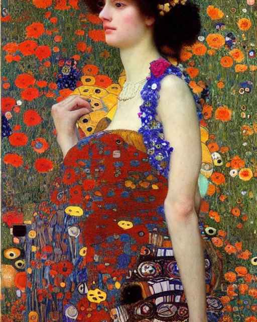 Image similar to a beautiful woman in a colorful dress surrounded by colorful patterns and flowers by gustave klimt and edgar maxence and john william waterhouse and michael whelan, artistic, intricate realistic fantasy, extremely detailed and beautiful face, 8 k resolution, dramatic lighting