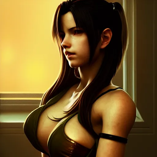 Image similar to Seductive, riveting Tifa Lockhart portrait, atmospheric lighting, painted, intricate, golden hour, ultra detailed by Leesha Hannigan, Ross Tran, Thierry Doizon, Kai Carpenter, Ignacio Fernández Ríos