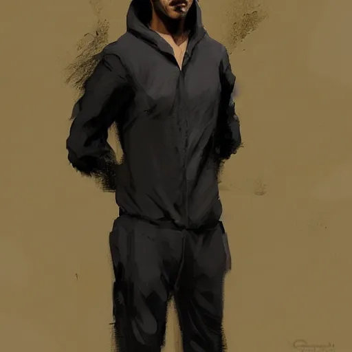Prompt: portrait of a handsome peruvian man by greg rutkowski, he is about 3 0 years old, short black hair with bangs, very tall and slender, he is wearing a beige and black utility jumpsuit, highly detailed portrait, digital painting, artstation, concept art, smooth, sharp focus ilustration, artstation hq